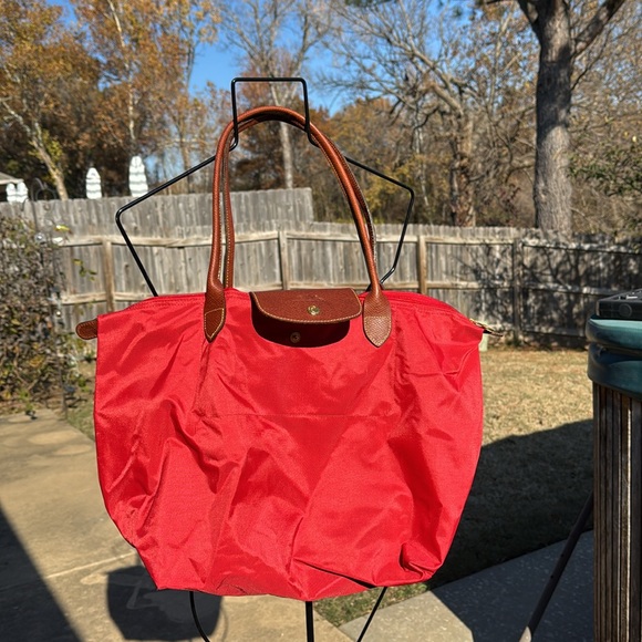 Longchamp Red Orange Le Pliage Large Tote Leather Trim - Picture 3 of 11
